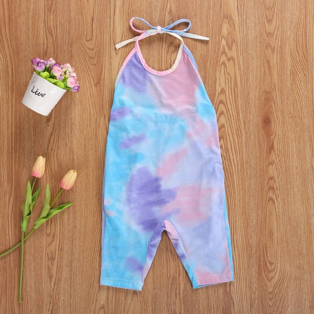 Purple-Blue Tie-Dye Cotton Little Girl Halter Overall Romper